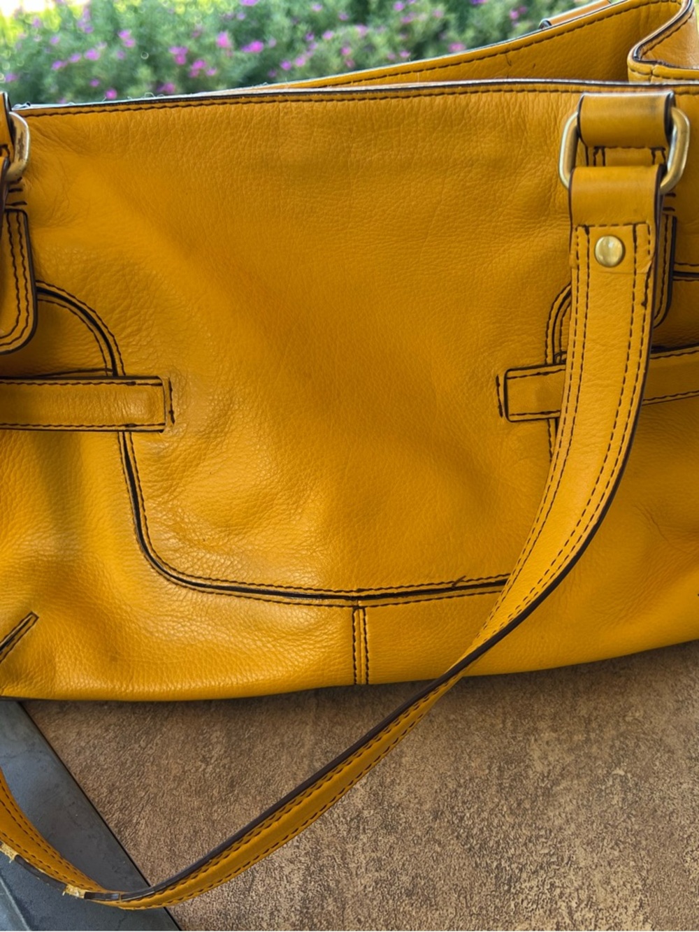 Yellow Faux Leather Shoulder Bag with Contrast Stitching